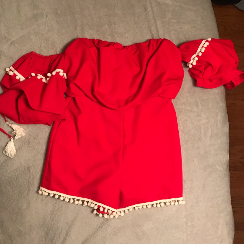 Red strapless romper with attached sleeves